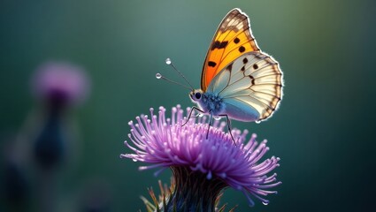 Close up of a colorful butterfly resting on a purple thistle flower