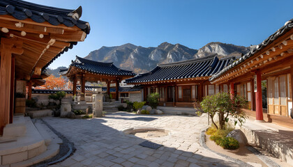 Naklejka premium Traditional Korean house courtyard features stone pathways and tiled roofs. Red columns support covered walkways around a central stone patio. Mountains rise in the background under a clear blue sky.
