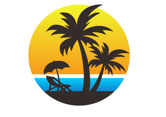 Tropical Beach Sunset with Palm Trees Vector Illustration