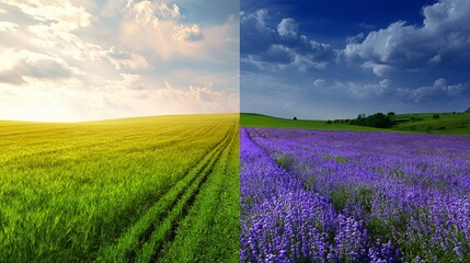 Green Agricultural Field Transitioning to a Colorful Blooming Meadow in Golden Hour Light