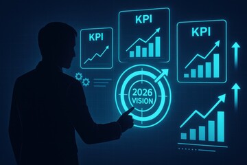 Businessperson Analyzing Graphs and KPIs for 2026 Vision in a Digital Environment
