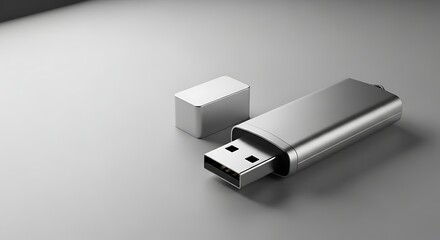 Close-up view of a metallic silver USB flash drive with its cap removed, resting on a smooth gray surface.