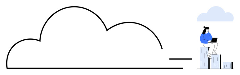 Woman with laptop sitting on data bars connected to cloud icon, emphasizing connectivity, teamwork, technology, growth, innovation, remote access, and modern workflow. Clean simple flat metaphor
