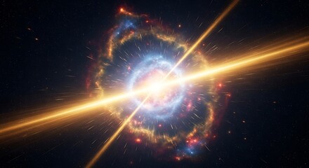 Obraz premium A brilliant cosmic explosion with a powerful golden light beam emanating from its vibrant, swirling nebulous core in deep space.