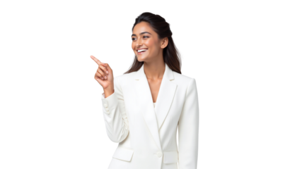 Young businesswoman pointing finger, smiling, and looking aside, isolated on transparent background