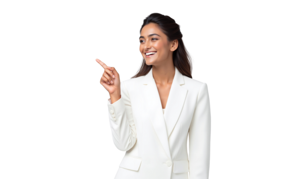 Young businesswoman pointing finger, smiling, and looking aside, isolated on transparent background