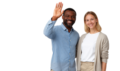 Cheerful diverse business colleagues, African American man waving while Caucasian woman smiles, isolated on transparent background