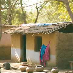 Rural village home with clay pots and thatched roof