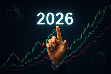 Obraz premium Finger Pointing to 2026 with Stock Market Trend Graph in Background with Progression Lines