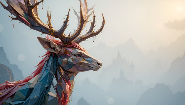 Geometric deer with antlers in a low poly style against a mountain range