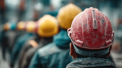 Construction workers wea safety helmets and protective gear standing in a row on a construction site du daytime, illustrating teamwork and safety precautions in industry