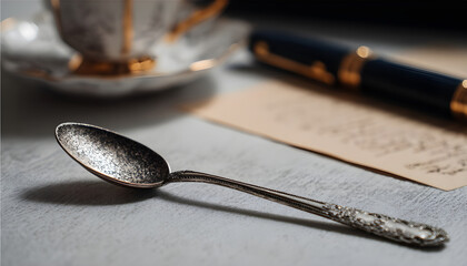 Classic silver tea spoon on the desk