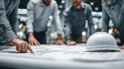 Group of diverse professionals analyzing detailed architectural blueprints and plans on a table du a construction project meeting in a modern industrial workspace