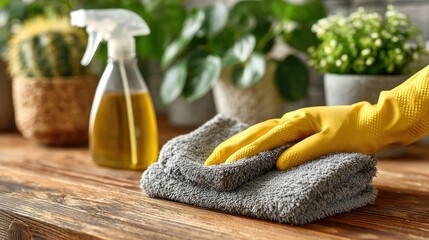 Cleaning and disinfecting wooden countertop with cloth and spray bottle in home kitchen with potted plants and natural decor