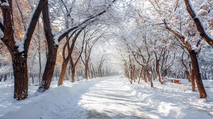 Obraz premium Whispers of winter: the silent path amidst whispering trees. Strong contrast. Icicles and dawn: enriched snow scene on a forest path in nanhu park. Empty space. Clear focus.