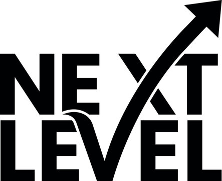 The logo features the words next level with a sleek black arrow pointing upwards, symbolizing growth and advancement, the design is clean and modern