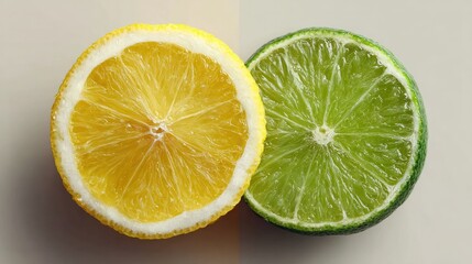 Freshly sliced lemon and lime halves showing vibrant yellow and green colors with juicy textured pulp on a neutral background for healthy food display