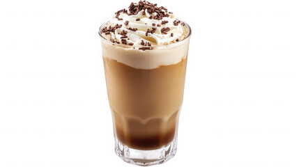 Delicious iced coffee beverage with whipped cream and chocolate sprinkles topping on transparent background