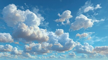 Bright blue sky filled with fluffy white cumulus clouds du daytime with sunlight illuminating the scene and a few scattered clouds in a serene natural landscape