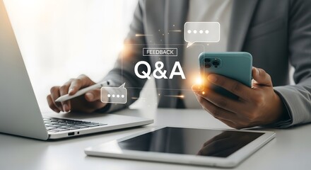 Business professional engages in digital q a session using laptop and smartphone