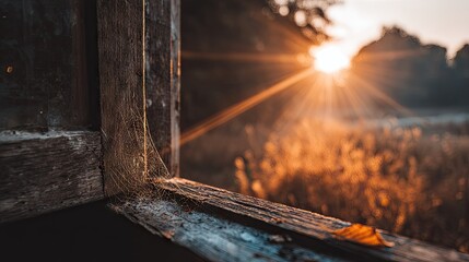 Obraz premium Sunlight streams through an aged wooden window frame, spiderweb glistening.