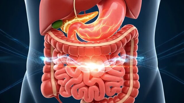 Stomach and intestines detailed 3D animation for medical use promoting digestion and gut health, focus on healing