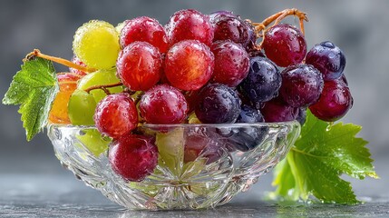 Fresh multicolored grapes in a clear glass bowl with vibrant green leaves on a gray rustic surface emphasizing ripeness and natural beauty
