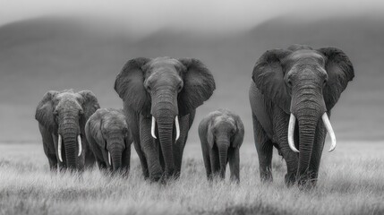 Family of African elephants walking across the grassland in black and white with a blurred background wildlife conservation and animal photography scene
