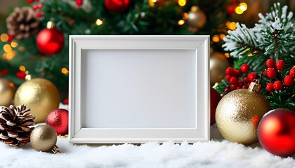 Festive holiday scene with blank frame christmas tree photo context cozy atmosphere close-up view seasonal decoration