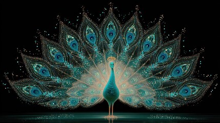 Majestic glowing peacock with open tail feathers in bright cyan and gold digital art.
