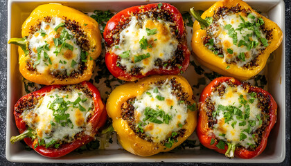 Baked quinoa stuffed red and yellow bell peppers topped with melted cheese on tray, photographed from above on a light background