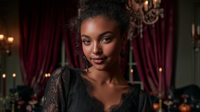 Captivating portrait of a woman in black lace, embodying the allure of a refined, spooky chic Halloween soiree.