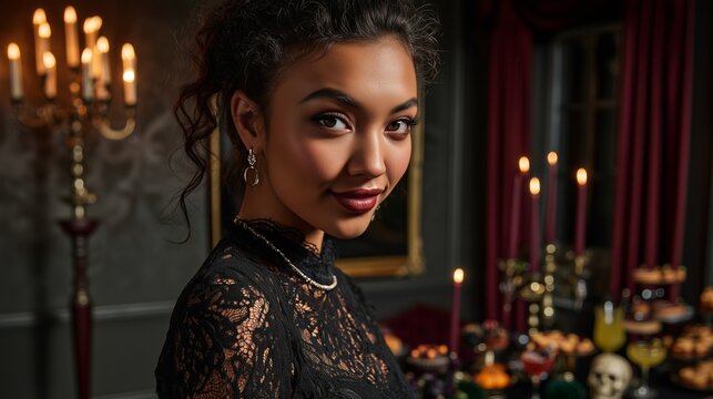 An elegant gothic Halloween dinner party featuring a mysterious hostess, lavish decor, and warm candlelight in a sophisticated Victorian setting.