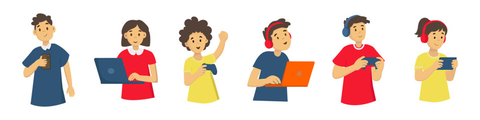 Set of flat style gamers and young people playing video games, using laptops and smartphones, streaming and chatting online. Modern colorful illustration of digital lifestyle and technology users.