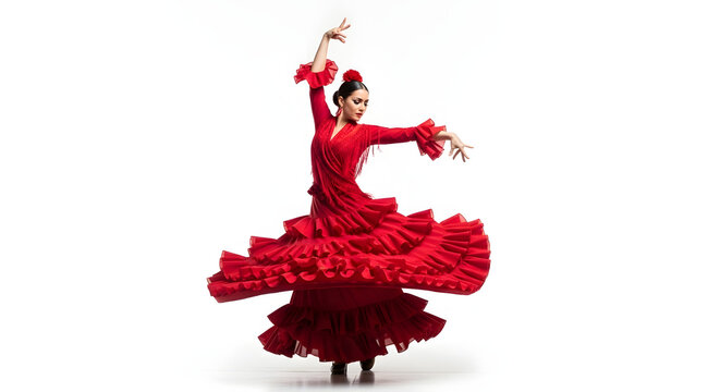 Flamenco dancer mid-performance, traditional red dress flowing dramatically