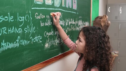American student studying coding engineering prompt while writing answer on blackboard. Intelligence girl planning and learning about coding development plan. Successful child sharing idea. Pedagogy. - Powered by Adobe