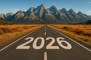 Majestic Mountain Landscape with a Clear Road Leading to a Future Year Displayed in the Foreground