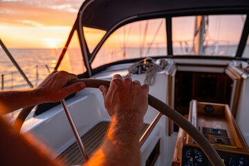 Naklejka premium Close-up of a captain's hands on the helm, steering a sailboat into the golden sunset over the open sea. 