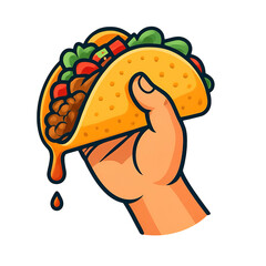 A colorful vector graphic illustration showing a hand holding a freshly made Mexican street food taco