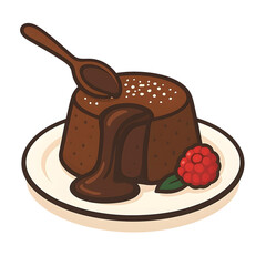 A delectable gourmet chocolate lava cake with a warm molten center and a fresh raspberry garnish