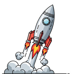 Cartoon illustration of a launching rocket, depicting startup success, innovation, and rapid progress