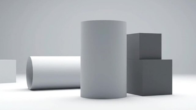 Geometric shapes arrangement featuring cylinders and cubes in a minimalist composition