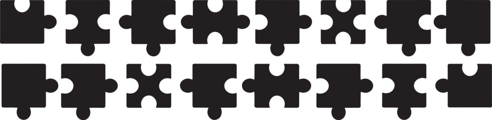 Four jigsaw puzzle pieces connect the vector silhouette set of cutlery, illustrating a teamwork concept solution