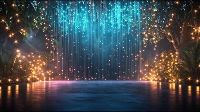 Event hall stage with hanging crystal lights and glowing edges, no humans