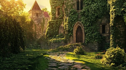 Obraz premium Enchanting castle draped in ivy, bathed in golden sunlight, evokes fantasy and fairytale dreams, perfect for book covers, fantasy games, or historical settings