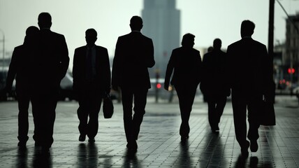 Silhouetted group of business people walking on a city street with buildings in the background on a cloudy day