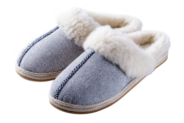 Cozy Gray and White Fur Lined Slippers with Braided Trim isolated on a transparent background footwear