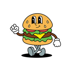 Cartoon Hamburger Character Walking Happily With Arms Raised And Legs Crossed In A Retro Animation...