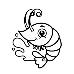 Smiling Shrimp Icon with Water Splash A Playful Outline for Seafood and Marine Themes