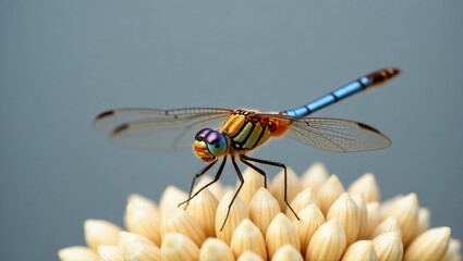 Close up of a colorful dragonfly perched on a light brown plant bud